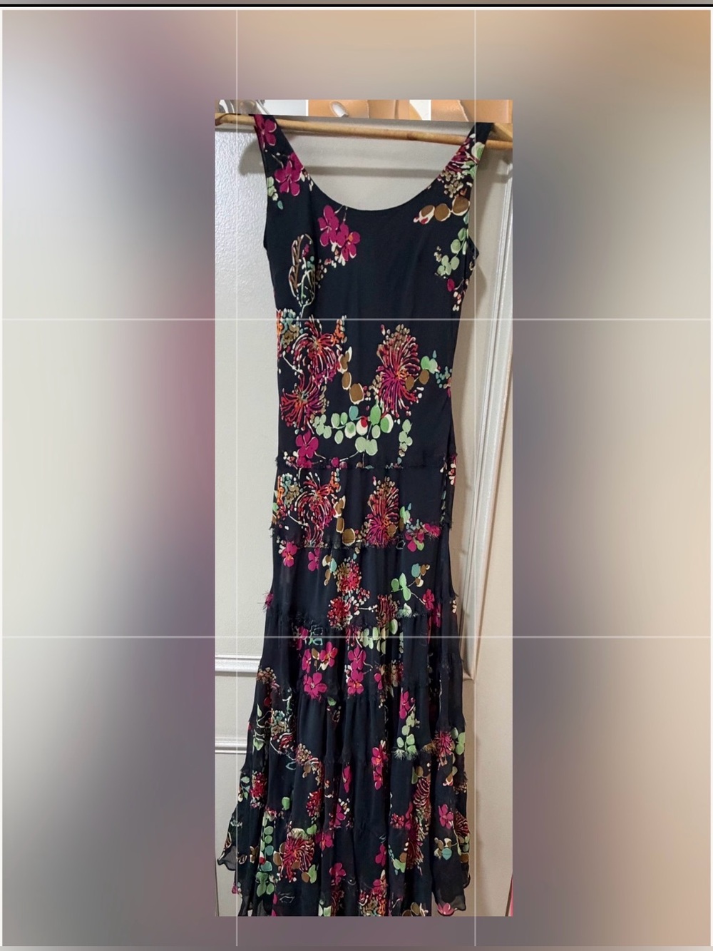 Jones New York Black Floral Tiered Maxi Skirt with Pink & Green Accents